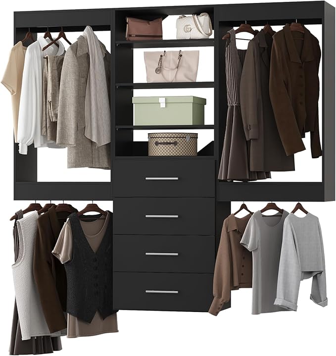 Modular Closet Organizer, 66" Wide with Hanging and Drawers, Wood Tower Storage for Walk-in Closets, Wall-Mounted Black Wardrobe Kit