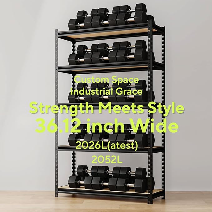 36.12"W: Father&I 5-Shelf-Storage-Rack Industrial Metal+Wood Garage/Kitchen Shelves Steel Utility Stand Shelving Unit Adjustable Heavy-Duty Shed/Closet/Pantry Organizer 72"h*36.12W*16d, Black