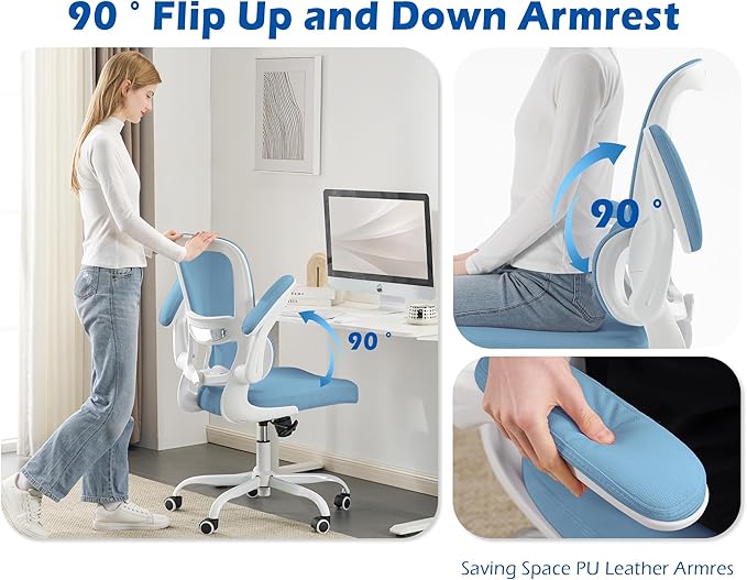 TRALT Ergonomic Office Chair - Desk Chair with Adjustable Lumbar Support Computer Chair - Mesh Comfy Chair with Flip-up Armrests - Gaming Chairs for Adults Home Office (PU Leather, Sky Blue)