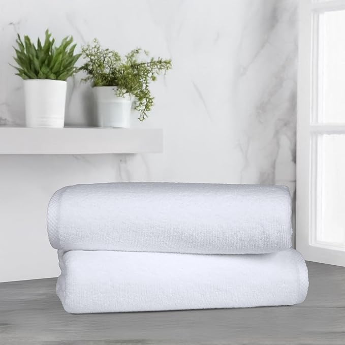 Amazon Basics 2 Piece Lightweight Quick-Dry Bath Towel, 100% Cotton, White, 54" x 30" (Pack of 12)