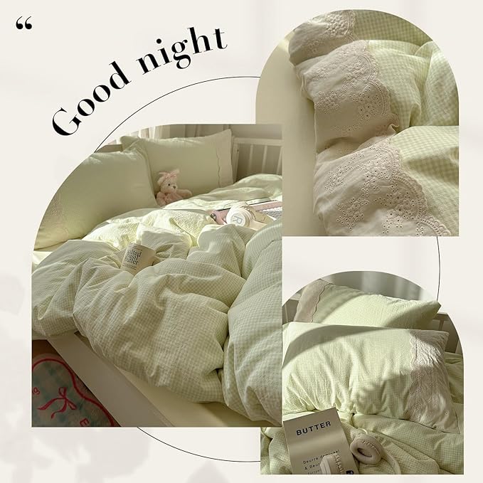 mixinni Green Gingham Duvet Cover King Size - 3 Piece Cottagecore Plaid Bedding Set with Lace Trim, Soft Washed Microfiber Vintage Aesthetic Grid Comforter Cover & Pillow Shams, (Green White Gingham)