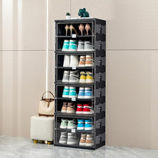 JEKO&JEKO 8 Tiers 16 Pairs Portable Shoe Organizer Storage Boxes with Magnetic Door, Folding X-Large Shoe Rack Free-Standing for Closet Entryway, Sneaker Storage Cabinet Fits US Size 12 (Black)