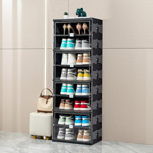JEKO&JEKO 8 Tiers 16 Pairs Portable Shoe Organizer Storage Boxes with Magnetic Door, Folding X-Large Shoe Rack Free-Standing for Closet Entryway, Sneaker Storage Cabinet Fits US Size 12 (Black)