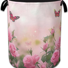 Butterfly Laundry Basket,Oxford Cloth Pink Rose Laundry Hamper With Handle Foldable Portable Clothes Storage Basket for Laundry Room/Bedroom/Bathroom 20.8