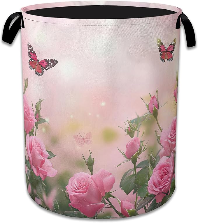 Butterfly Laundry Basket,Oxford Cloth Pink Rose Laundry Hamper With Handle Foldable Portable Clothes Storage Basket for Laundry Room/Bedroom/Bathroom 20.8"x16"
