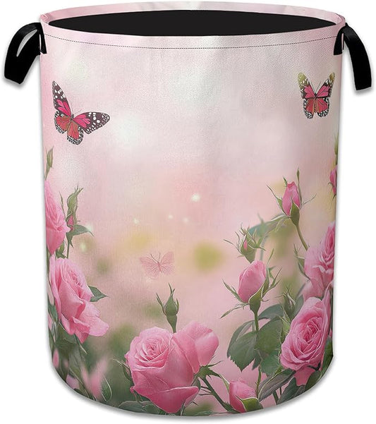 Butterfly Laundry Basket,Oxford Cloth Pink Rose Laundry Hamper With Handle Foldable Portable Clothes Storage Basket for Laundry Room/Bedroom/Bathroom 20.8"x16"