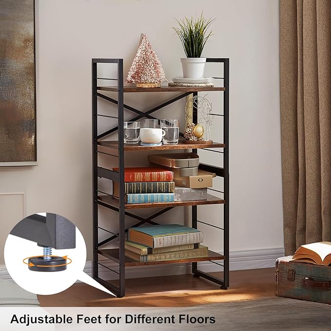 4-Tier Small Bookshelf, Compact Metal & Wood Bookcase for Small Spaces, Open Storage Shelves with Adjustable Feet, Easy Assembly, 11.2" D x 16.4" W x 31.9" H (Black)