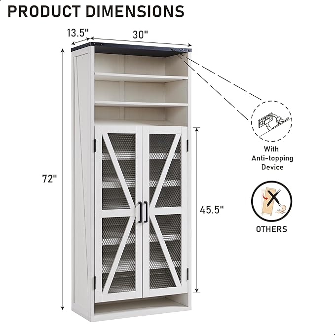 JXQTLINGMU Farmhouse Shoe Cabinet, 72" Tall with Mesh Doors and Adjustable Shelves, Rustic Wooden Shoe Organizer, Modern Large Shoe Storage for Entryway, Off White