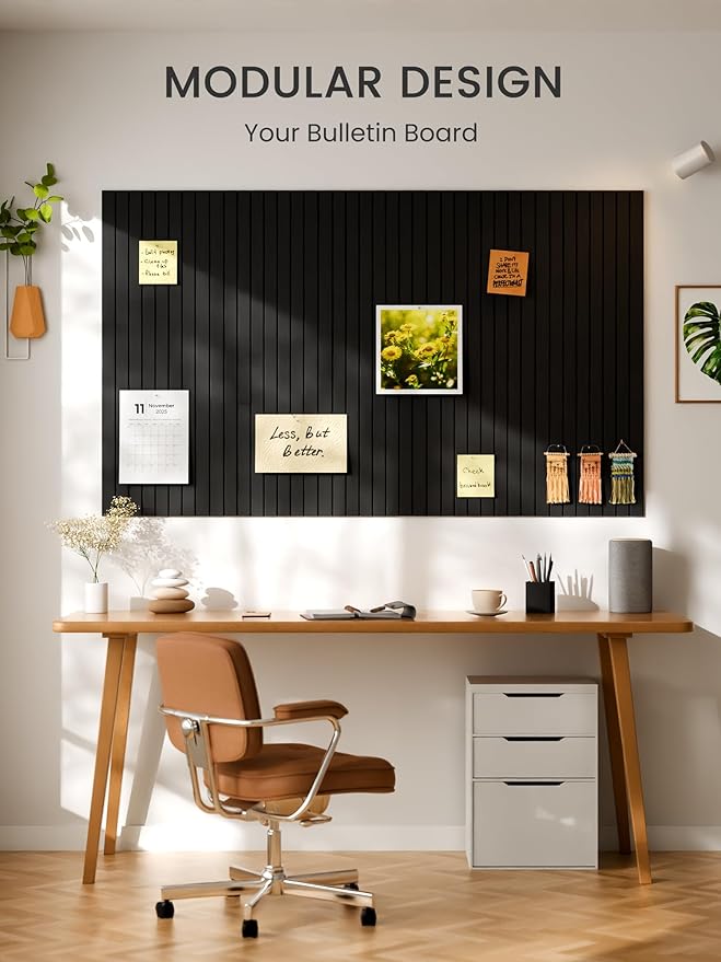 Bumusty Large Cork Board Alternative-47 x35 Felt Bulletin Board Tiles, with 30 Pushpins, 70 Adhesive Tabs, 12-Pack Slat Wall Paneling, Cork Boards for Office Push Pin Board Felt Board-Black