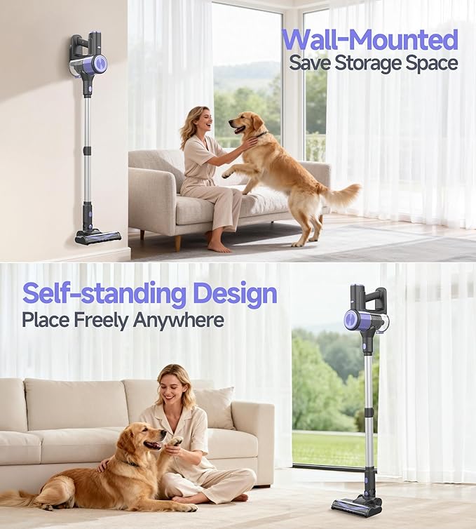 N17 Cordless Vacuum Cleaner, Upgraded Lightweight Stick Vacuum for Home, Max 45mins Runtime, Powerful Suction, Self-Standing, Anti-Tangle, Rechargeable Vacuum for Hard Floors Carpets Pet Hair