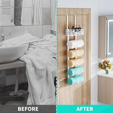 HapiRm Over The Door Towel Rack - 6 Tier Wall Mount Rolled Towel Holder Storage Organizer Shelf with Storage Basket for Small Bathroom, Rv, Camper - White