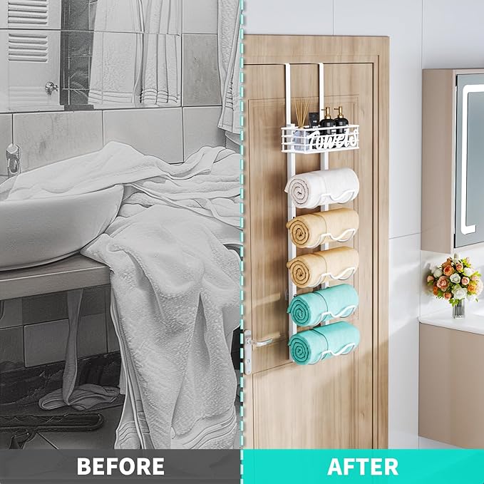 HapiRm Over The Door Towel Rack - 6 Tier Wall Mount Rolled Towel Holder Storage Organizer Shelf with Storage Basket for Small Bathroom, Rv, Camper - White