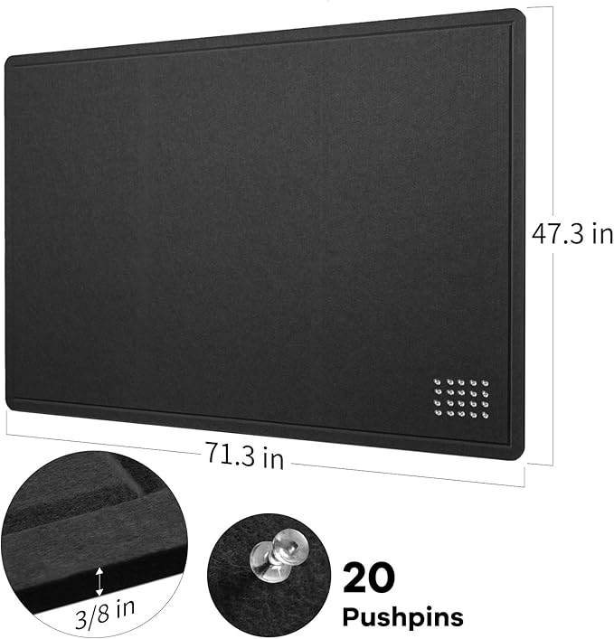 Large Bulletin Board - 72 x 48 Inches, Decorative Felt Pin Board for Wall - 6' x 4' Foldable Photo Display Board with Self-Adhesive Tape, Includes 20 Push Pins - Black