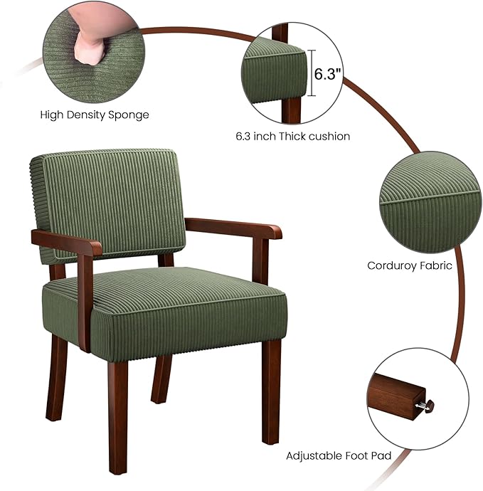 Corduroy Accent Chair Set of 2 with Table, Mid Century Modern Armchairs with Solid Wood Frame, Oversized Reading Leisure Chair for Living Room, Bedroom (Corduroy Green, Set of 2 with Table)