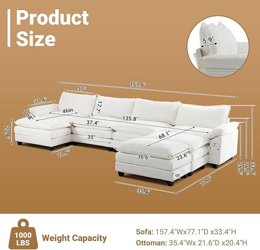 VINGLI 157" Cloud White/Cream Convertible Sectional Sofa, Comfy U-Shape Extra Deep Seat Sofa Couch for Living Room,Modern Chenille 4-Seat Convertible Sofa with 3 Movable Ottomans for Small Space