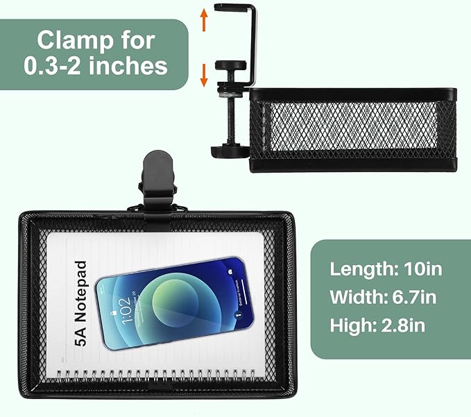 ROSLINE Under Desk Storage Organizer, Clamp on Drawer Basket, Hanging Storage, Mount Tray, Suitable for Multiple Scenes (Black)