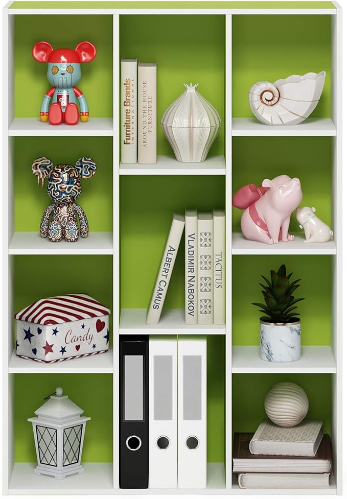 Furinno LUDER Book Shelf, 11-Cube Bookshelf, Reversible Bookcase, 9.4 x 29.1 x 41.7, for Living Room, Bedroom, Home Office, White/Green