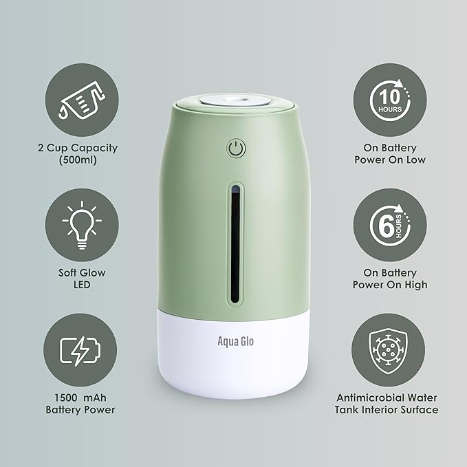 Aqua Glo Personal, Portable Humidifiers for Bedroom – Ultrasonic Cool Mist Humidifier with Built In Rechargeable Battery. Air Humidifier for Baby, Plants, Home, Office, Travel. Mint Green
