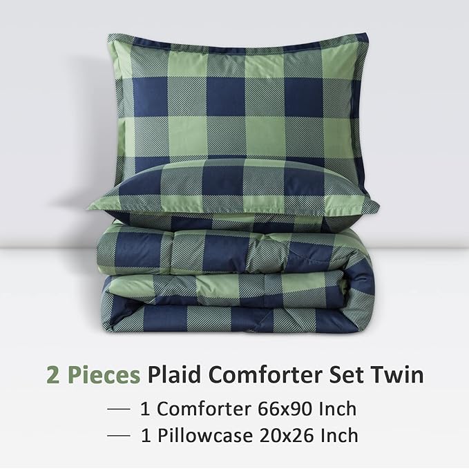 Andency Green Plaid Comforter Twin(66x90Inch), 2 Pieces (1 Comforter, 1 Pillowcase) Buffalo Checkered Gingham Bed Set, Soft Geometric Bedding for Boys