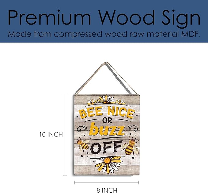 YCYD Bee Decor Bee Nice Or Buzz Off Wooden Hanging Sign, Rustic Farmhouse living room Decorations for Home Kitchen Wall Art Sign 10x8 Inches Inspirational Gift for Bee Farm Owners