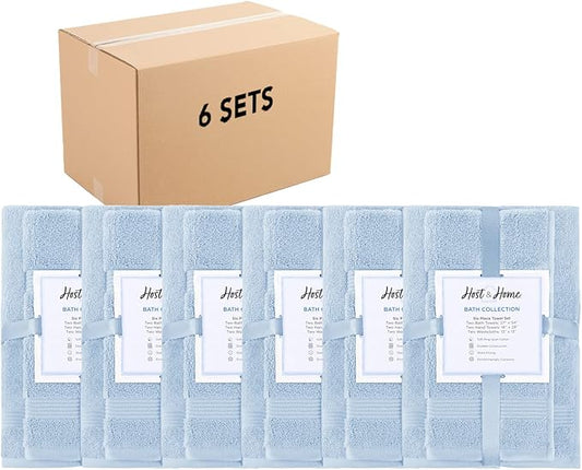 Arkwright 100% Cotton Luxury 36 Piece Bath Towel Sets Bulk - Case of 6 - Soft & Absorbent 600 GSM, Quick-Drying, Perfect for Beach Houses, Hotels, and Rental Properties, Misty Blue