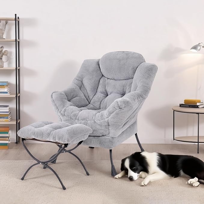 Tiita Lazy Chair with Ottoman, Modern Large Accent Lounge Armchair, Comfy Leisure Sofa Reading Chair with Footrest for Bedroom, Living Room, Dorm Rooms, Garden and Courtyard, Plush Light Grey