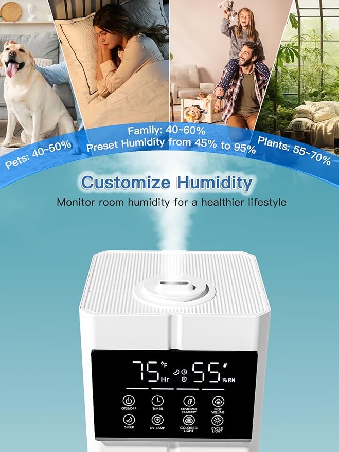 9L/2.4Gal Cool Mist Humidifier, Top Fill Quiet Ultrasonic Humidifiers for Bedroom, Covers 550ft², 60H Runtime, 24H Timer, 7 Colors Light, 4 Mist Modes Humidifier Large Room, Home, Office, White