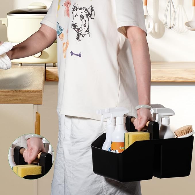 rejomiik Portable Shower Caddy Basket with Bamboo Handle, Plastic Cleaning Caddy Bathroom Organizer Tote for College Dorm Essentials, Bath Toy Storage, Black