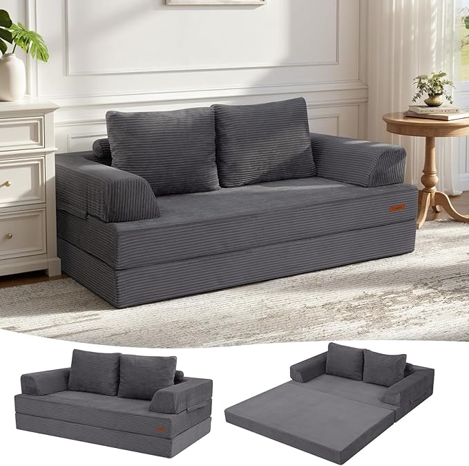 COMAX Convertible Sofa Bed, Folding Floor Couch Corduroy Fold Out Couch Bed Futon Sleeper Mattress with Pillows, Boneless Sofa Comfy Lounge Loveseat for Living Room Bedroom, Grey
