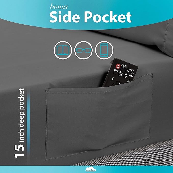 DREAMCARE Twin XL Sheet Sets – 3pcs Cooling Sheets – up to 15” Deep Pocket Twin XL Sheets Set – Hotel Luxury Sheets & Pillowcases – Superior Softness 100% Fine Microfiber with Side Pocket – Dark Gray DREAMCARE