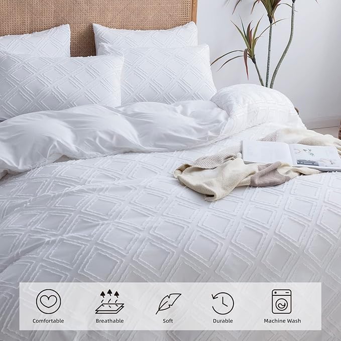 JELLYMONI Duvet Cover Queen Size Bright White - 3PCS Boho Duvet Cover Set Plaid Polyester Tufted Bohemian Jacquard Knit Textured Comforter Cover 90×90in Rhombic Geometric Pattern Zipper Corner Tie