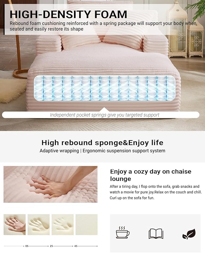 67 Inch Chaise Lounge Chair Indoor, Oversized Corduroy Upholstered Boneless Sofa Bed, Deep Seat Sleeper Couch Reading Chairs, Cloud Sofas Couches for Living Room, No Assembly Required (Pink)