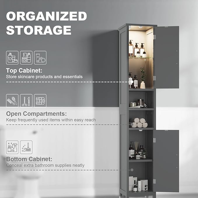 67" Tall Bathroom Storage Cabinet with Lights, Slim Narrow Bathroom Cabinet Organizer with Doors and Adjustable Shelves, Tall Cabinet for Small Space (66.9" Tall-Grey with Light, 1 Pack)