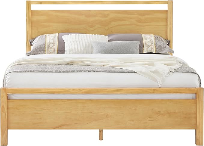 AMERLIFE Queen Size Solid Wood Bed Frame with Headboard, Minimalist Platform Bed with Wood Slats Support/No Box Spring Needed/Easy Assembly/Noise-Free, Natural