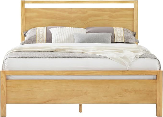 AMERLIFE Queen Size Solid Wood Bed Frame with Headboard, Minimalist Platform Bed with Wood Slats Support/No Box Spring Needed/Easy Assembly/Noise-Free, Natural