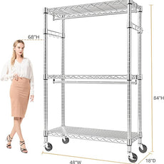 Heavy Duty Rolling Garment Rack 3 Tiers Adjustable Wire Shelving Clothes Rack with 2 Rods and Side Hooks, Storage Closet Clothing Rack with Wheels Chrome 17.7