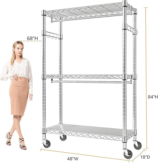 Heavy Duty Rolling Garment Rack 3 Tiers Adjustable Wire Shelving Clothes Rack with 2 Rods and Side Hooks, Storage Closet Clothing Rack with Wheels Chrome 17.7" D x 47.2" W x 83.6" H
