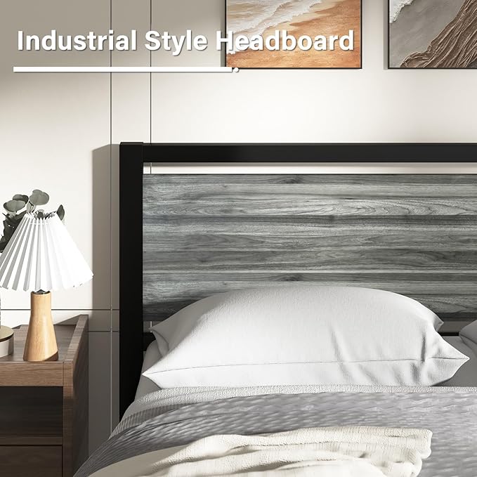 Full Size Bed Frame with Headboard, Industrial Style Full Bed Frame, Bed Frame Full Size with Wooden Footboard, No Box Spring Needed, Noise-Free, Easy Assembly, Wash Grey