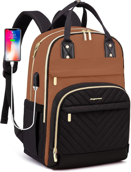 Laptop Backpack for Women Work Bag - 15.6 inch Travel Backpack with USB Charger College Bookbag Waterproof Business Computer Backpack Anti-theft Casual Backpacks for Nurse Teacher Black Brown