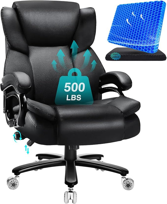 500lbs Big and Tall Office Chair with Gel Seat Cushion,Heavy Duty Office Chair for Heavy People, High Back Executive Computer Chair with Adjustable Lumbar Support, Dual Rubber Wheel