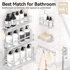 YASONIC Shower Caddy, Large Capacity Bath Organizer with Soap Holder and 12 Hooks, 6 Pack Rustproof Bathroom Shelves for Inside Shower, No Drilling&Sleek Bathroom Organizers and Storage Silver