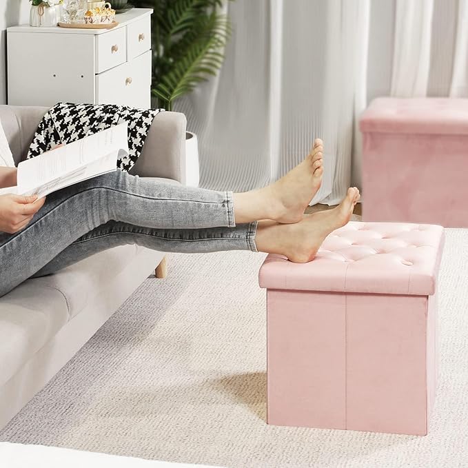 B FSOBEIIALEO Storage Ottoman Cube, Velvet Tufted Folding Ottomans with Lid, Footstool Rest Padded Seat for Bedroom (Pink, Medium)