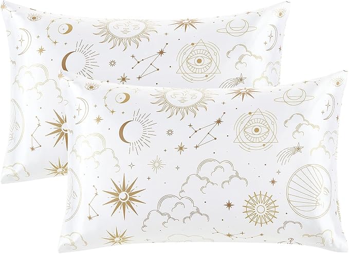 EXQ Home Satin Pillowcase Silky Satin Pillowcase for Hair and Skin,Soft Cooling Printed Pillow Cases Queen Size Set of 2 Satin Pillow Case for Women with Envelope Closure (White Moon,20X30inch)