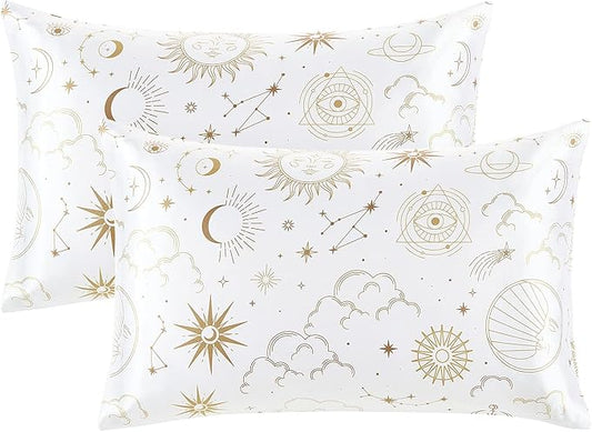 EXQ Home Satin Pillowcase Silky Satin Pillowcase for Hair and Skin,Soft Cooling Printed Pillow Cases Queen Size Set of 2 Satin Pillow Case for Women with Envelope Closure (White Moon,20X30inch)