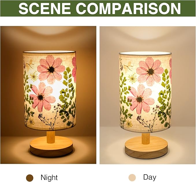 Dried Flowers Small Table Lamp 5W LED 3-Color Pressed Flower Bedside Lamp Linen Shade with Wood Base for Bedroom Living Room Desk Nursery