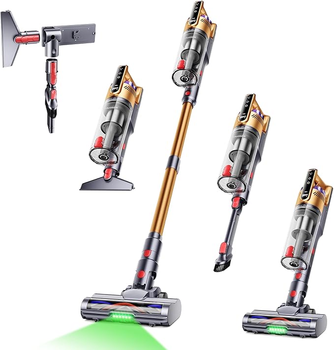 Trucozie Cordless Vacuum Cleaner, Self-Standing Lightweight Stick Vacuum with 50 mins Runtime, Powerful Suction, Anti-Tangle Wireless Vacuum for Home, Hardwood Floor, Carpet, Pet Hair, Gold