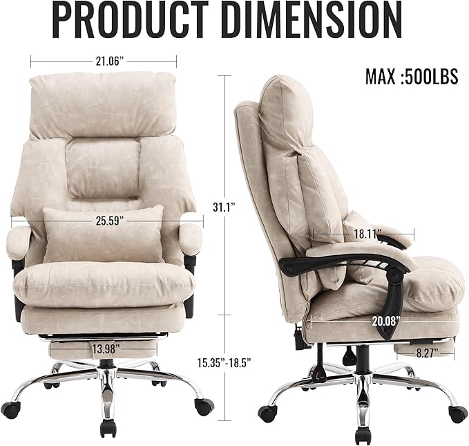 Office Chair with Footrest 500lbs,Reclining Leather Computer Chair for Heavy People, Big and Tall Comfy Executive Desk Chair with Lumbar Support & Pillow Black,High Back Vintage Color