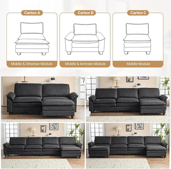 VINGLI 121" Cloud Linen Couch, Comfy Modular Sectional Sofa Set for Living Room,Modern 3-Seat Convertible Loveseat Sofa with 1 Ottoman for Small Space, Black