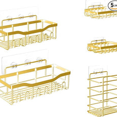 Fab Glass and Mirror 5-Pack Shower Caddy, Gold - Shower Organizer & Shelves for Efficient Storage, Bathroom Caddy for Wall Organizer, Durable Showers Wall Caddy