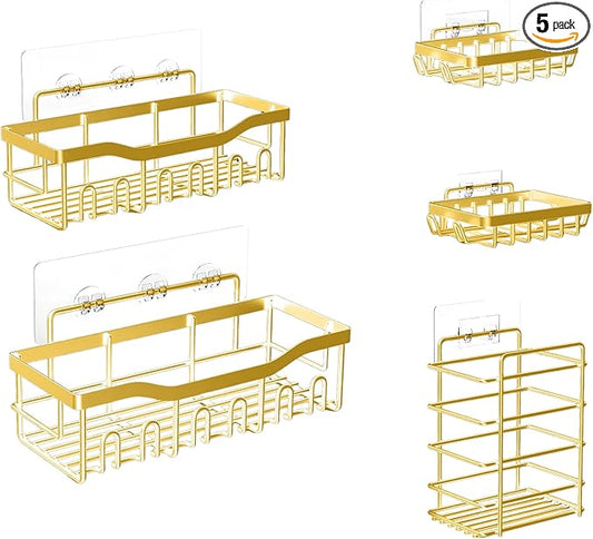 Fab Glass and Mirror 5-Pack Shower Caddy, Gold - Shower Organizer & Shelves for Efficient Storage, Bathroom Caddy for Wall Organizer, Durable Showers Wall Caddy